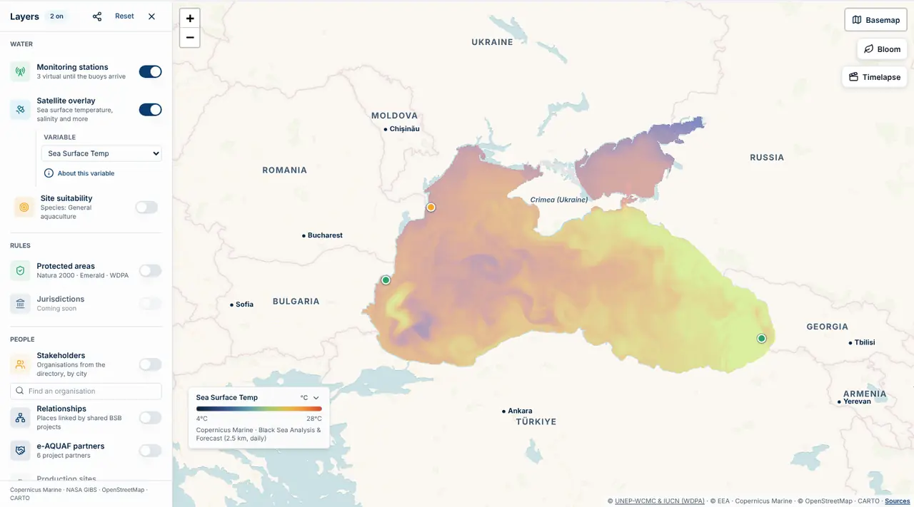 Black Sea Atlas with layers for monitoring stations, satellite water temperature and protected areas